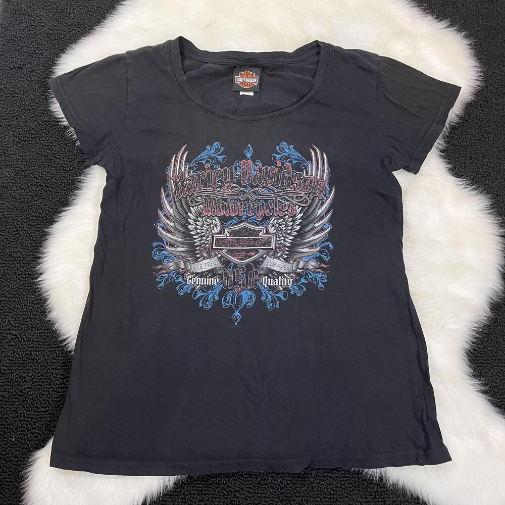 Harley Davidson Shirt Women Large Black Winged Motorcycle Vintage Green Bay Tee